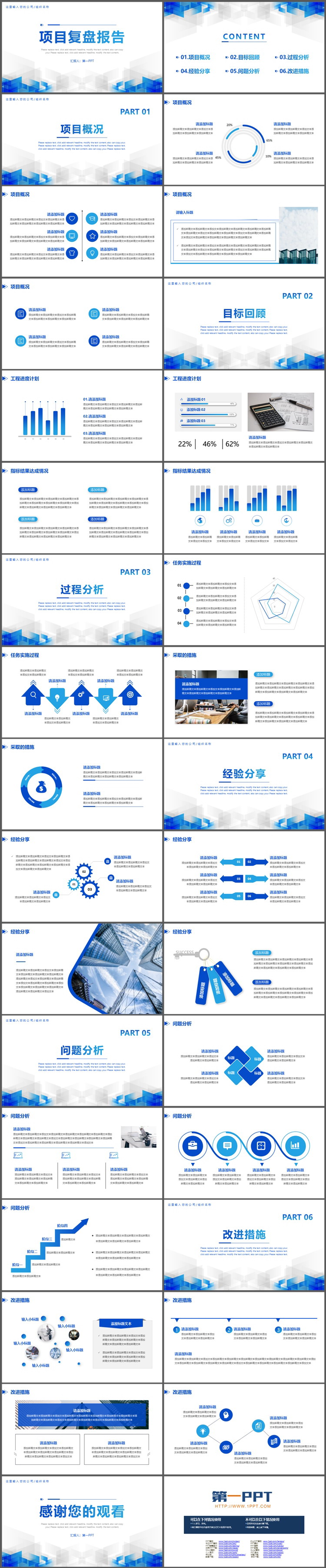 图片[2]-蓝色几何图形背景的项目复盘报告PPT模板-第一PPT