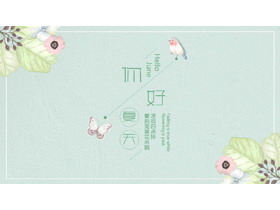 简约水彩花鸟背景的你好夏天PPT模板-第一PPT