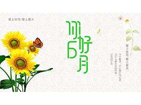 向日葵与蝴蝶背景的你好6月PPT模板下载-第一PPT