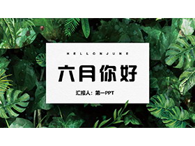 绿色水彩叶子背景的清新六月你好PPT模板下载-第一PPT