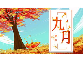 唯美枫树枫叶背景的九月主题PPT模板-第一PPT