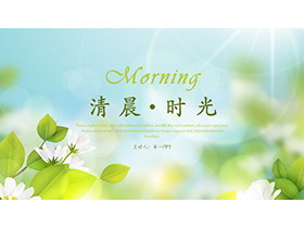 清新绿叶白花背景的“清晨时光”PPT模板-第一PPT