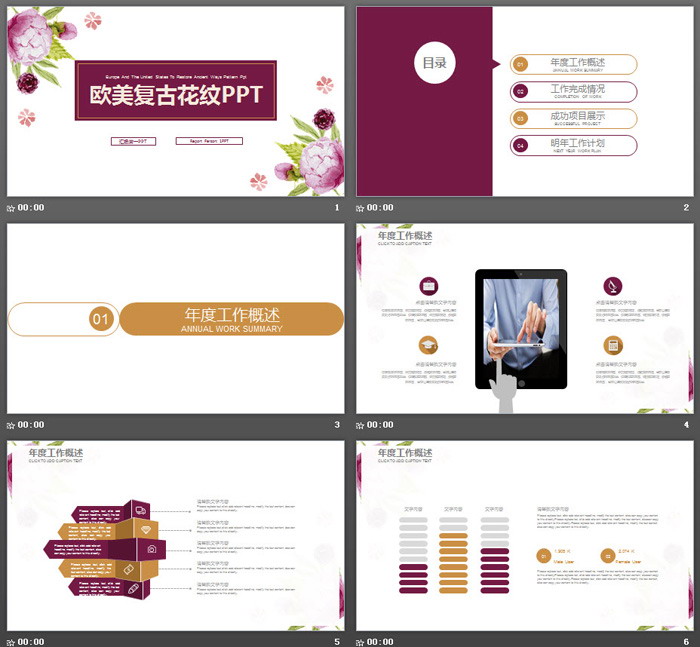 图片[2]-清新复古花卉背景的工作汇报PPT模板-第一PPT
