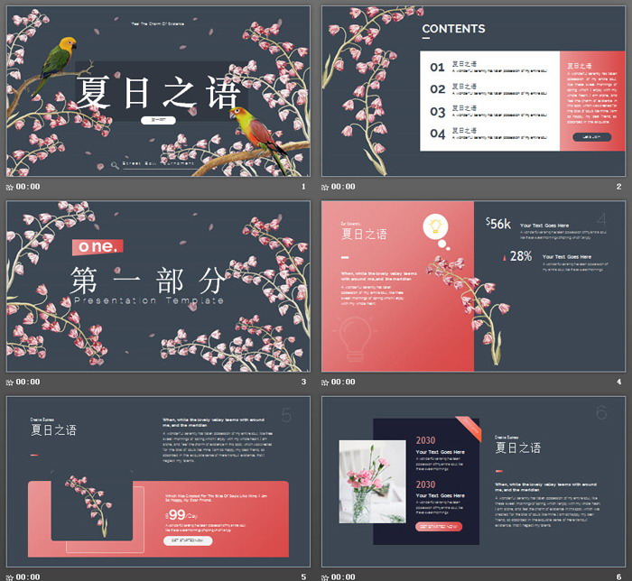 图片[2]-唯美花鸟背景《夏日之语》PPT模板-第一PPT