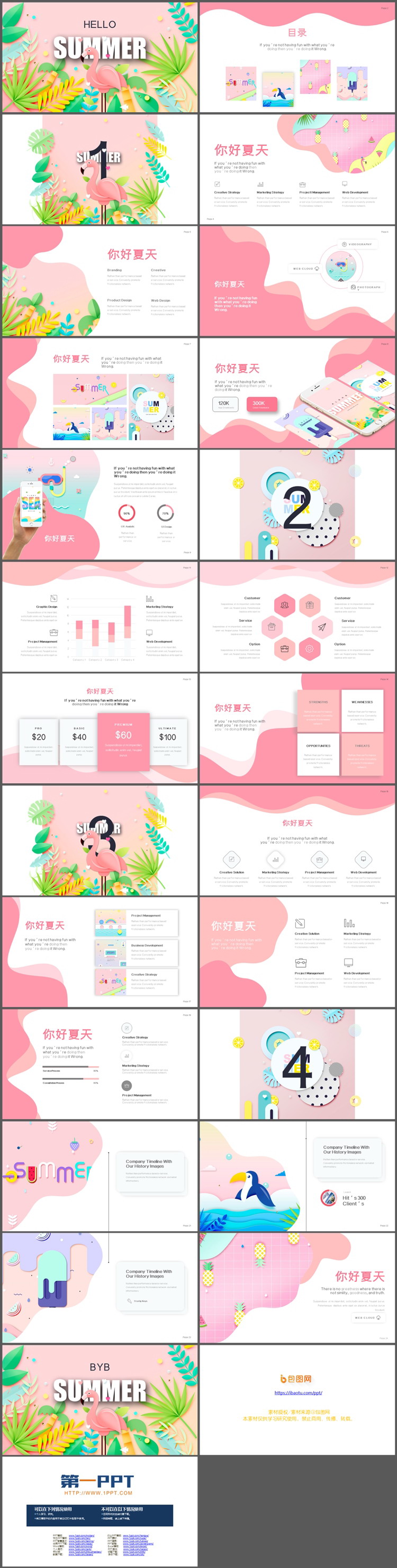 图片[2]-卡通叶子与火烈鸟背景的夏日主题PPT模板-第一PPT