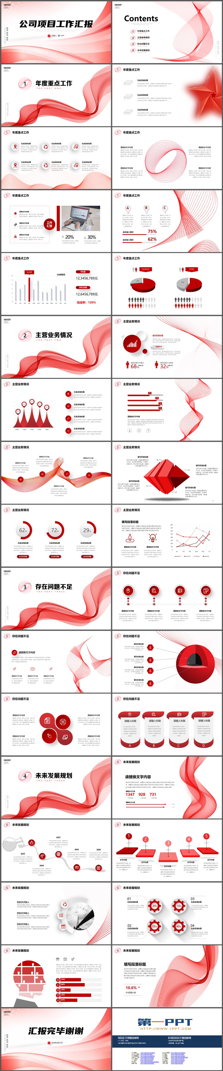 图片[2]-简约红色曲线背景的公司项目工作汇报PPT模板下载-第一PPT