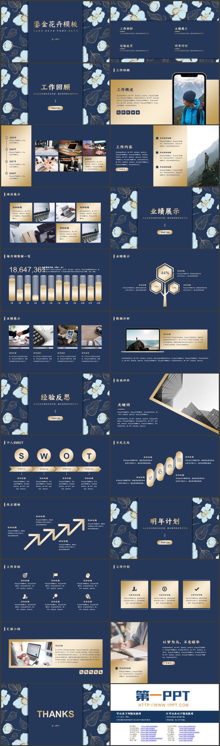 图片[2]-蓝色精美鎏金花卉背景商务汇报PPT模板-第一PPT