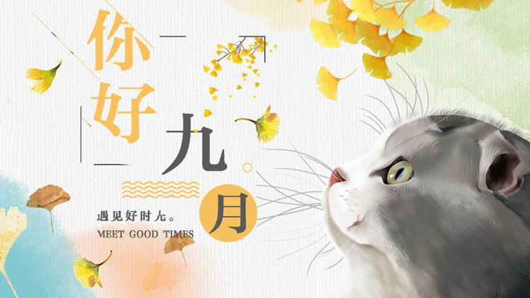 图片[1]-金色银杏叶搭配精美小猫背景“你好九月”PPT模板-第一PPT