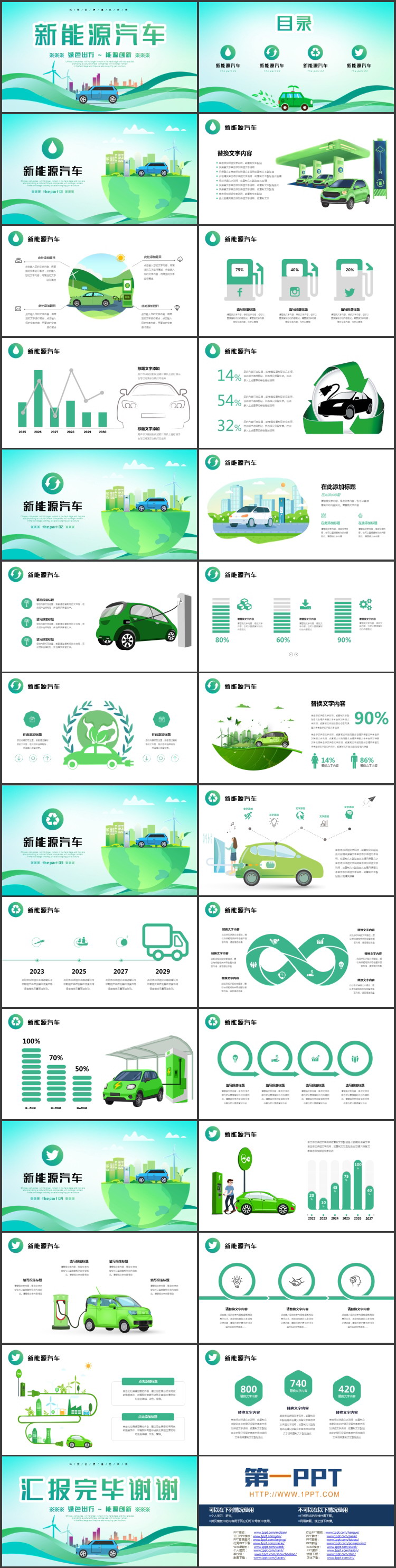 图片[2]-绿色小汽车背景的新能源汽车主题通用PPT模板-第一PPT