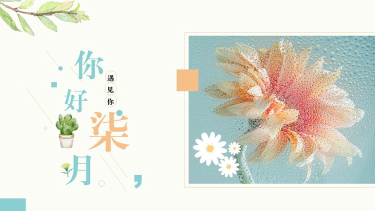 图片[1]-蓝色精美花卉背景的“你好柒月”商务汇报PPT模板-第一PPT