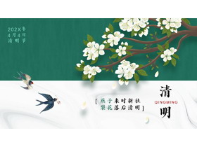 绿色古典水彩花鸟背景的清明节节日介绍PPT模板-第一PPT