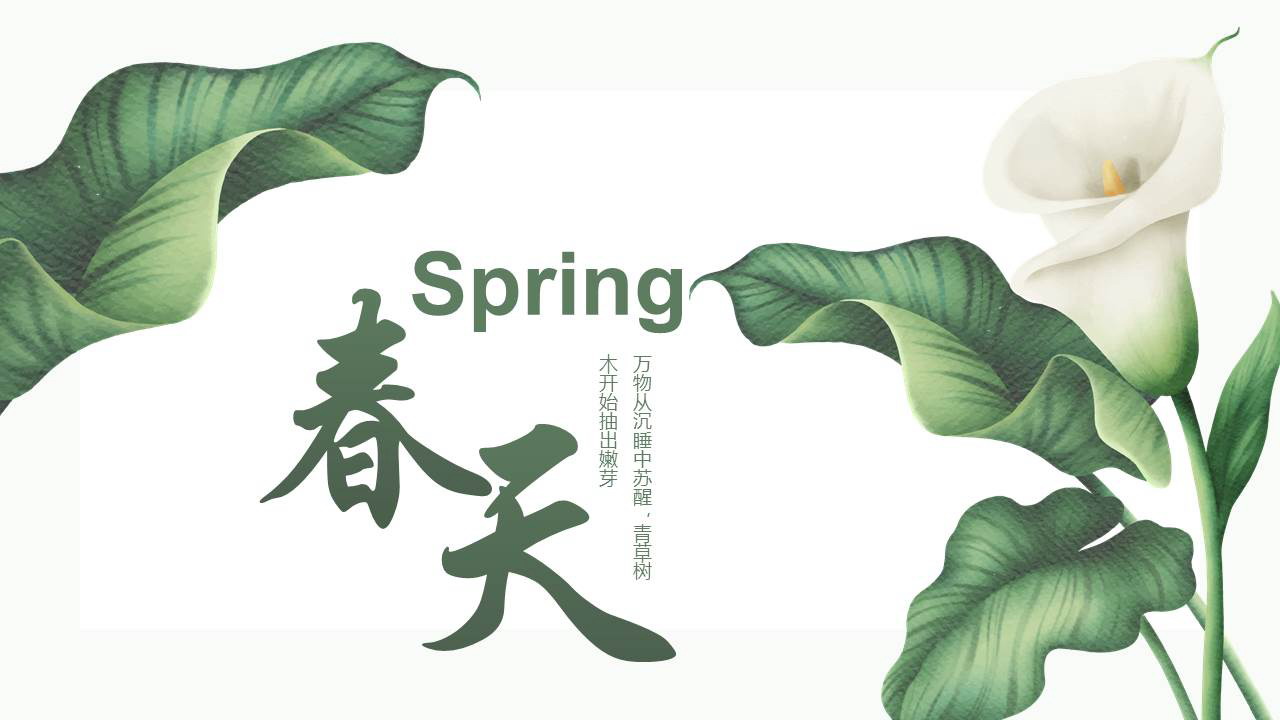 图片[1]-绿色清新花卉树叶背景的春天主题通用商务汇报PPT模板-第一PPT