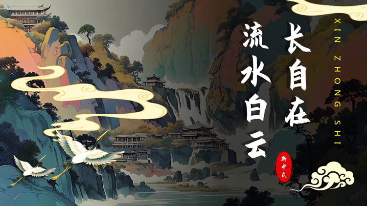 图片[1]-国潮群山背景的“流水白云长自在”新中式商务汇报PPT模板-第一PPT