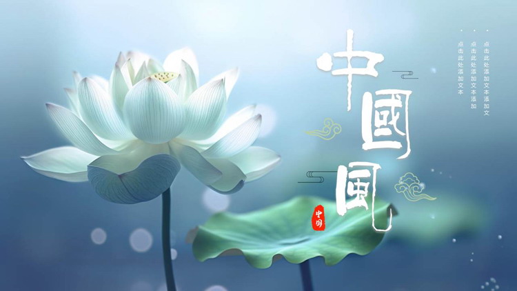 图片[1]-蓝色唯美荷花背景的中国风通用PPT模板-第一PPT