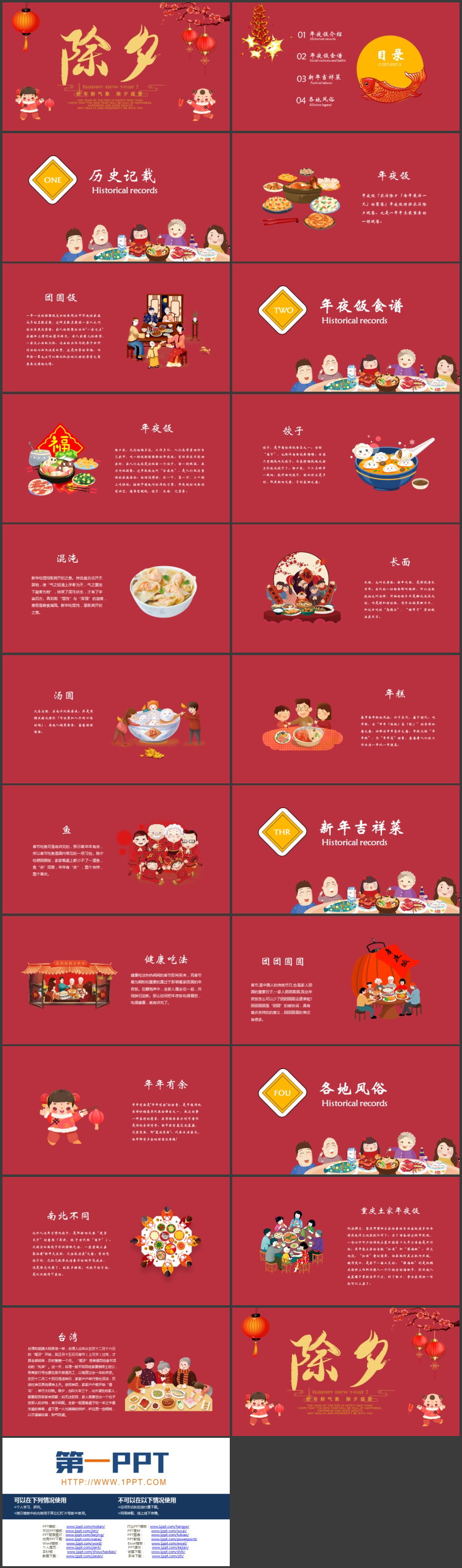 图片[2]-红色喜庆中国风背景的除夕年夜饭习俗介绍PPT模板-第一PPT