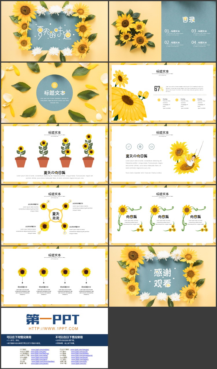图片[2]-蓝黄配色向日葵背景的“夏天的味道”通用PPT模板-第一PPT
