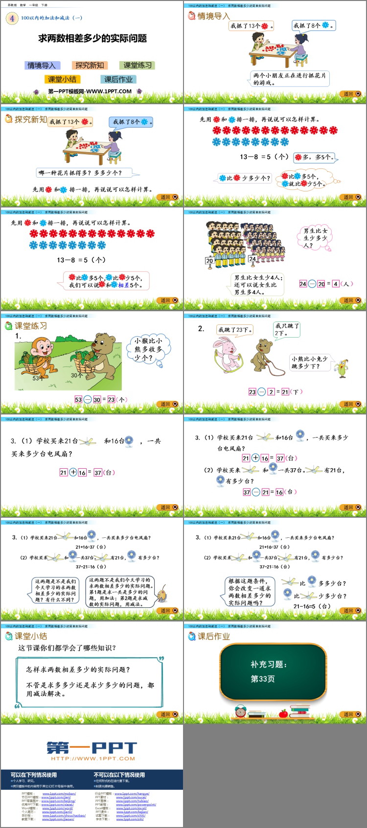 图片[2]-《求两数相差多少的实际问题》100以内的加法和减法PPT下载-第一PPT