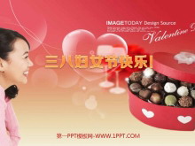 女人玫瑰巧克力爱心背景的三八妇女节PPT模板-第一PPT