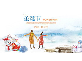 手绘雪地雪人背景的圣诞节PPT模板-第一PPT