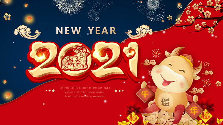图片[1]-精美蓝红配色的2021牛年新年PPT模板-第一PPT