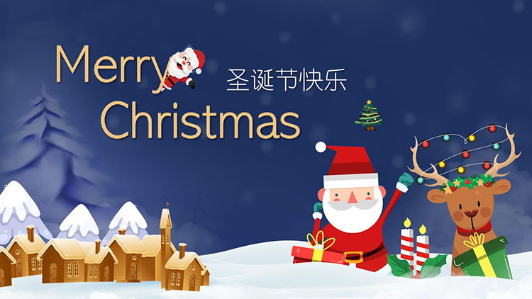 图片[1]-卡通圣诞老人与麋鹿背景的圣诞节快乐PPT模板-第一PPT