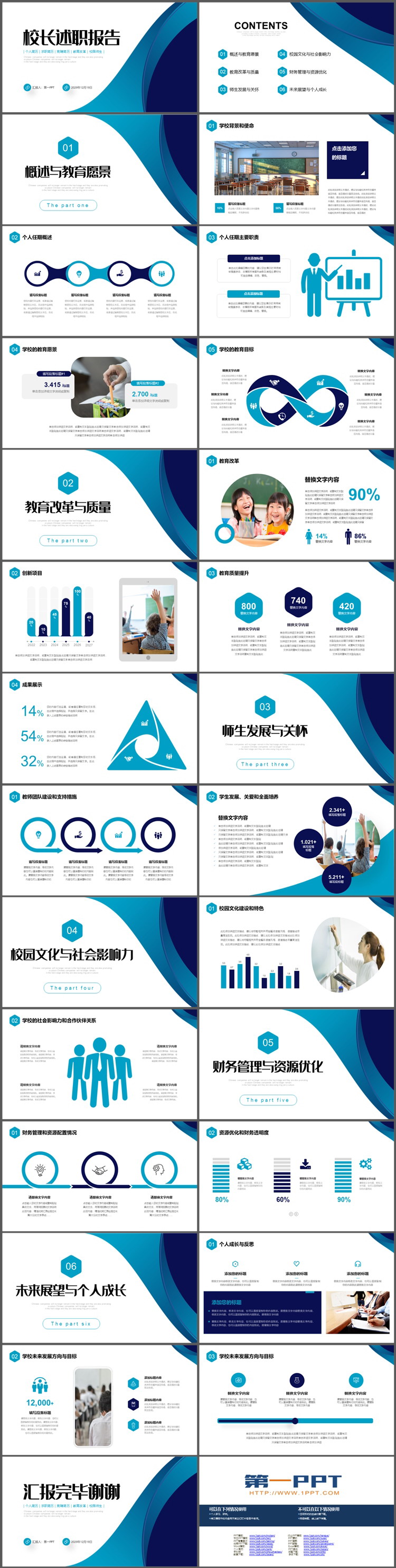 图片[2]-蓝色波纹背景的校长述职报告PPT模板下载-第一PPT