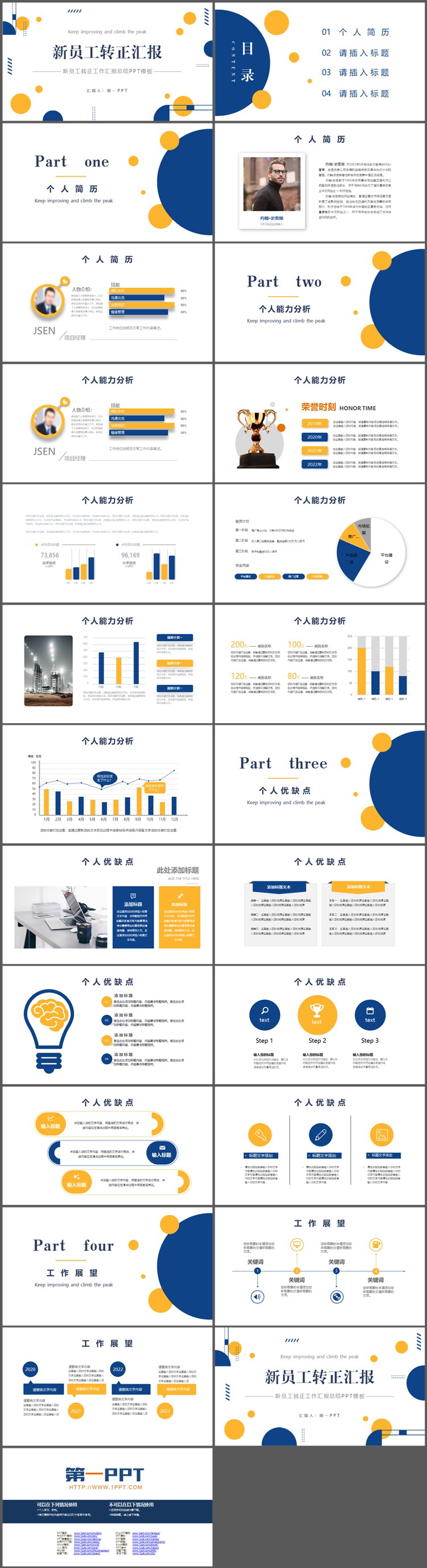 图片[2]-蓝橙圆点背景的员工转正汇报PPT模板下载-第一PPT
