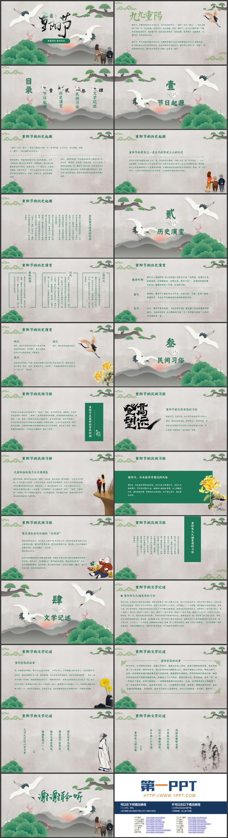 图片[2]-绿色松枝仙鹤背景重阳节节日介绍PPT模板-第一PPT
