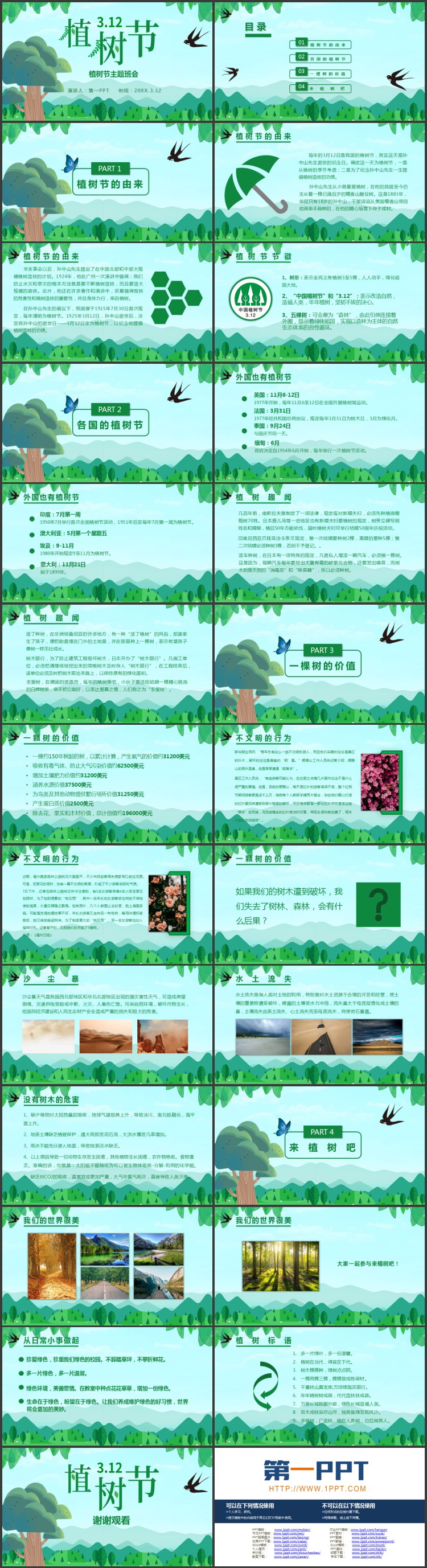 图片[2]-绿色卡通树木山林背景植树节主题班会PPT模板-第一PPT