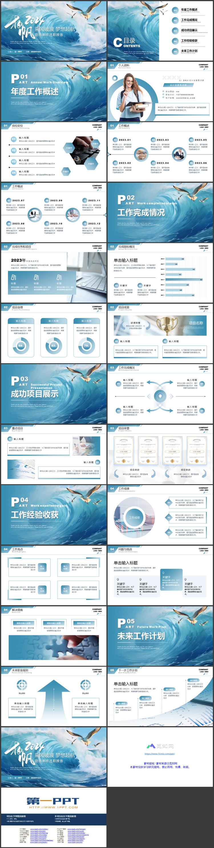 图片[2]-蓝色海浪海鸥背景“乘风破浪梦想起航”励志风年终述职报告PPT模板下载-第一PPT