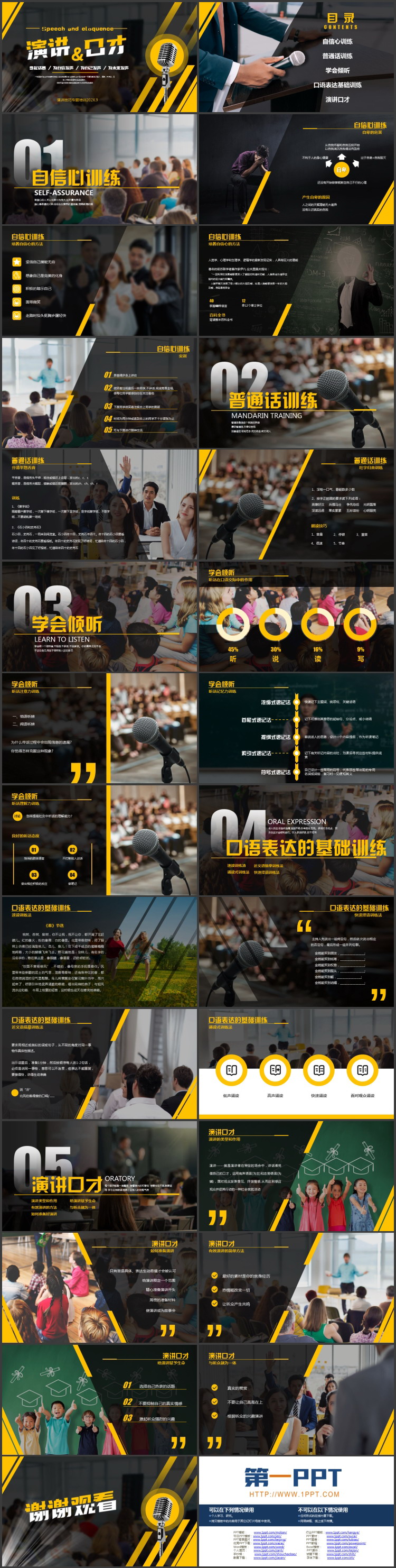 图片[2]-黄黑配色金属话筒背景“演讲与口才”演讲技巧专题培训PPT模板下载-第一PPT