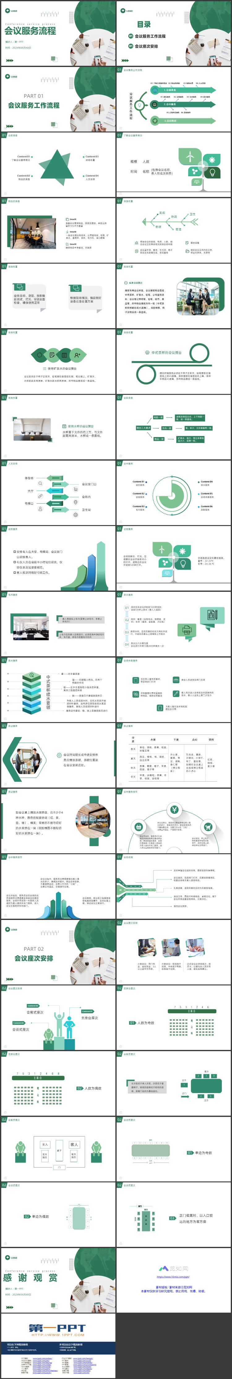图片[2]-绿色办公桌面背景的会议服务流程PPT模板下载-第一PPT