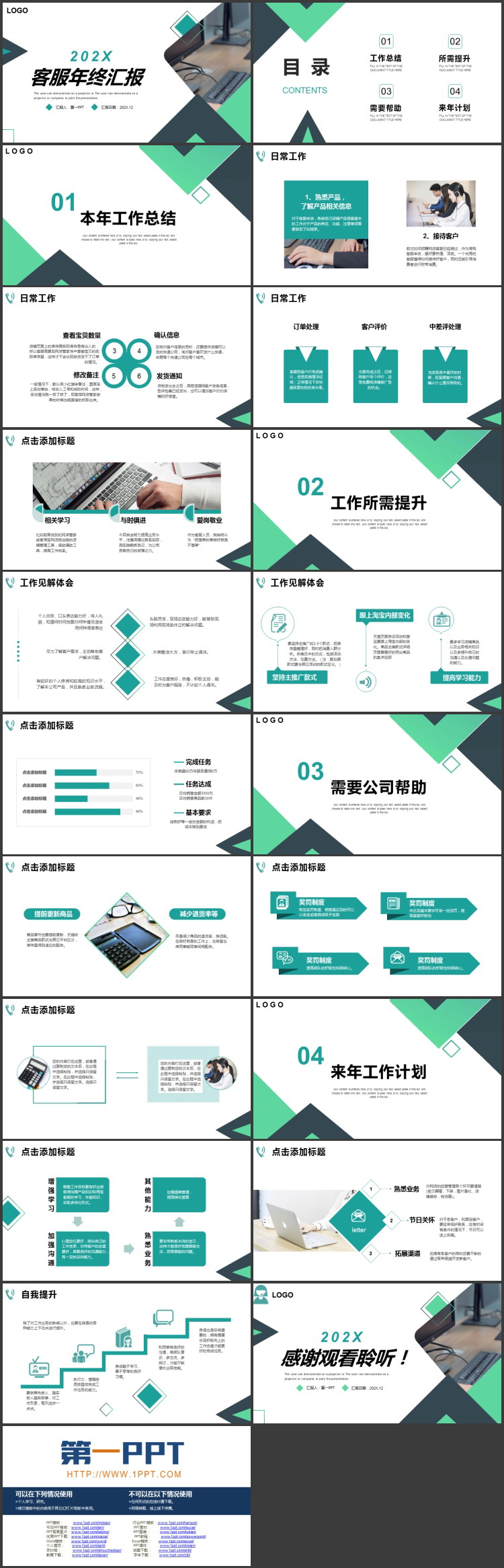 图片[2]-绿色办公电脑背景的客服年终总结PPT模板下载-第一PPT