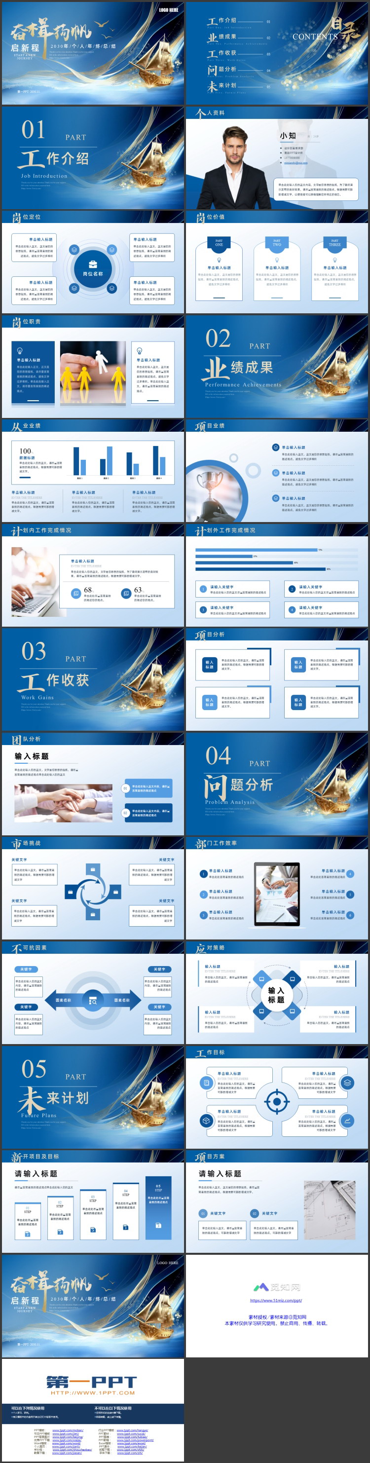 图片[2]-蓝金帆船背景的励志风“奋楫扬帆”个人年终总结PPT模板下载-第一PPT