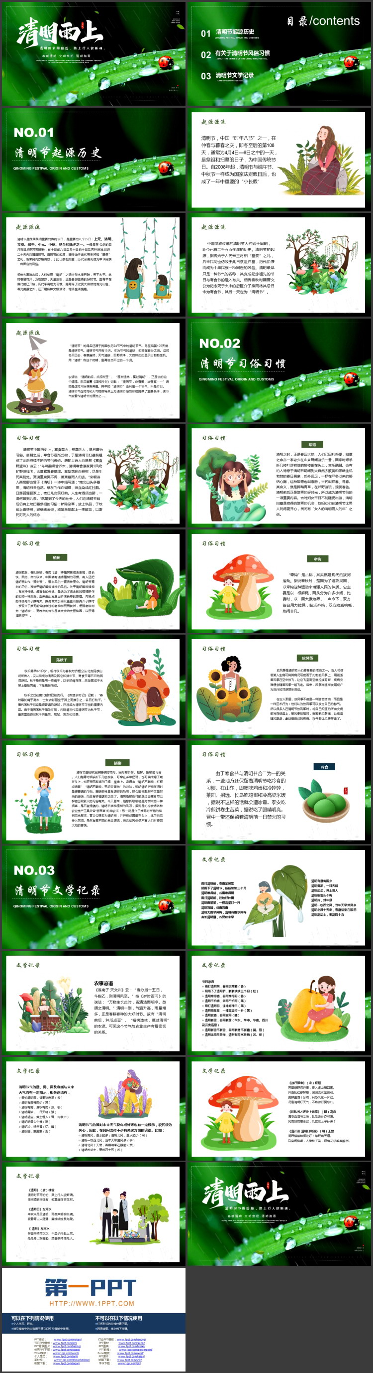 图片[2]-清新绿叶七星瓢虫背景的“清明雨上”清明节节气介绍PPT模板-第一PPT