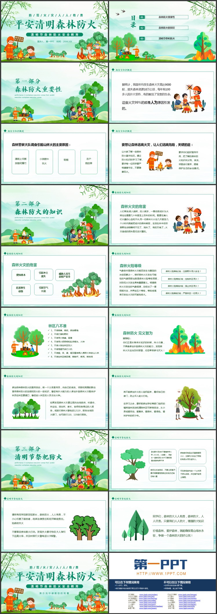 图片[2]-绿色卡通消防员背景的“平安清明森林防火”清明节森林防火安全教育PPT模板-第一PPT