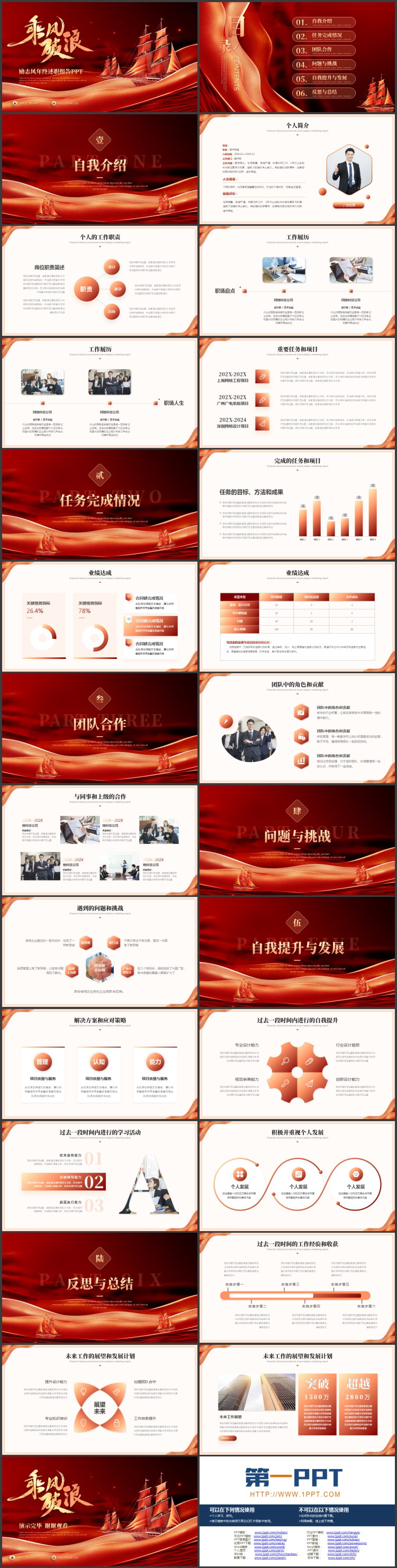 图片[2]-红色帆船背景的“乘风破浪”励志风年终述职报告PPT模板下载-第一PPT