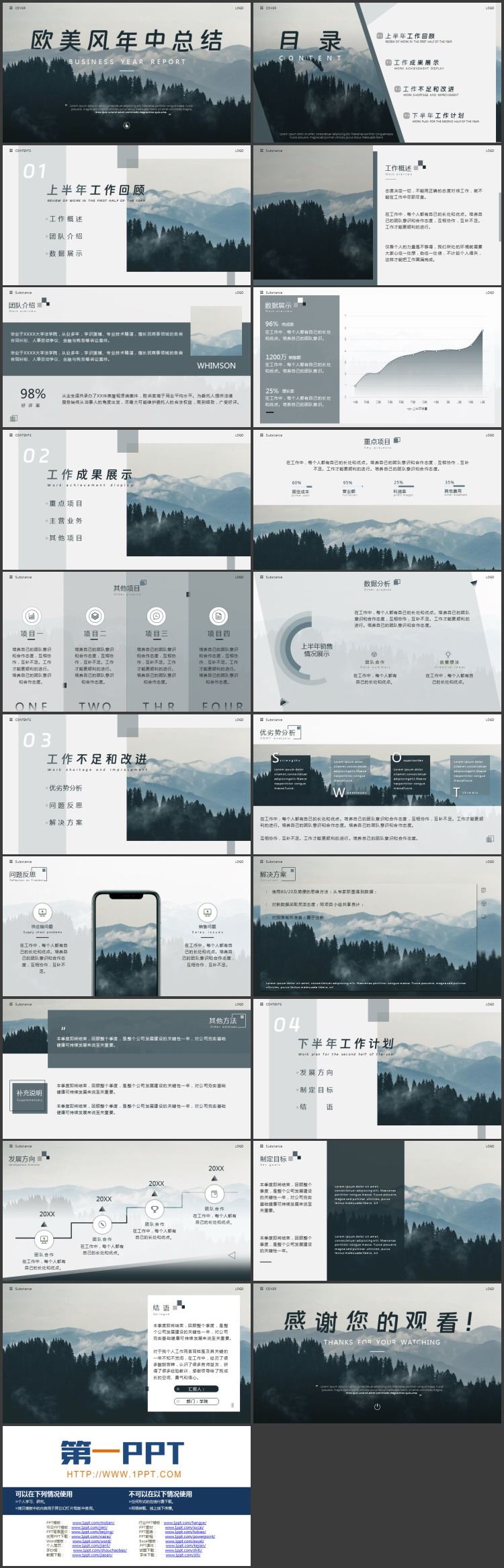图片[2]-蓝色森林背景的欧美风年中总结PPT模板下载-第一PPT