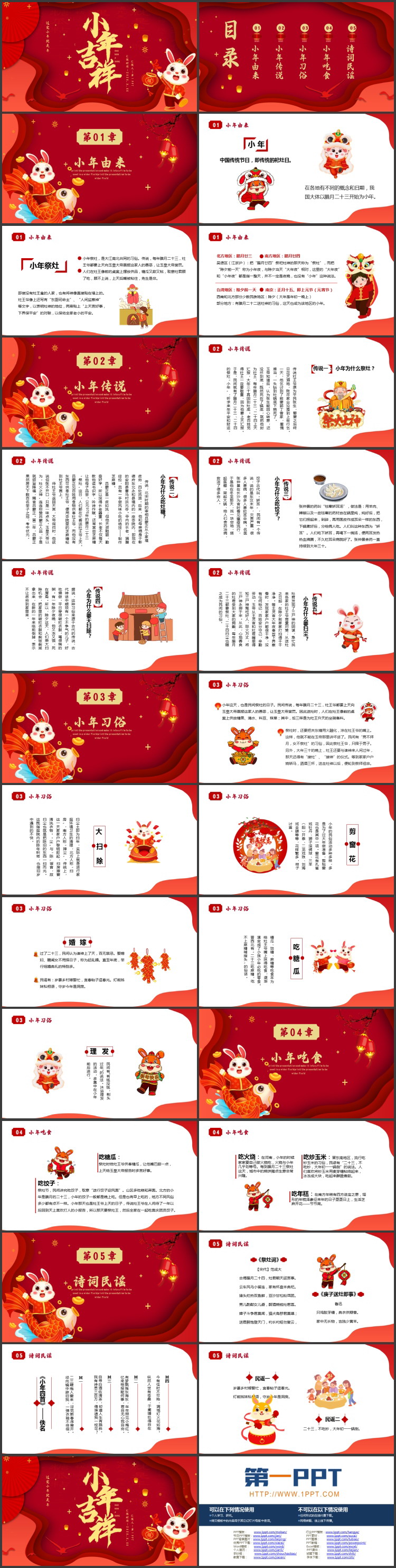 图片[2]-红色卡通小白兔背景的小年吉祥节日介绍PPT模板-第一PPT