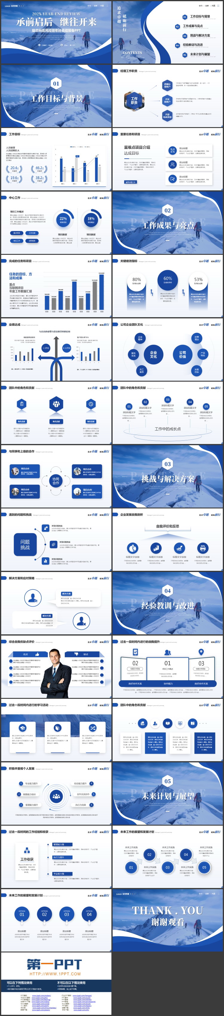 图片[2]-蓝色雪山攀登者背景的“承前启后继往开来”励志商务风年终总结PPT模板下载-第一PPT