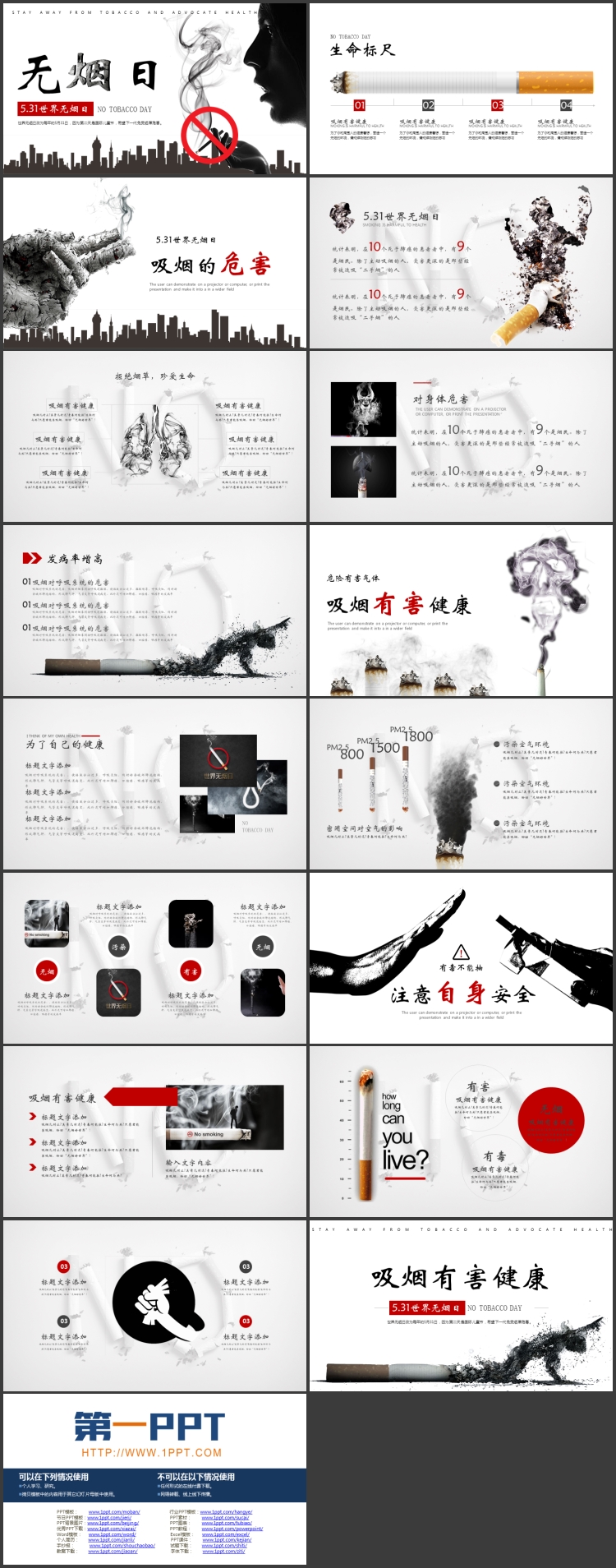 图片[2]-黑白城市剪影背景的世界无烟日公益宣传PPT模板下载-第一PPT