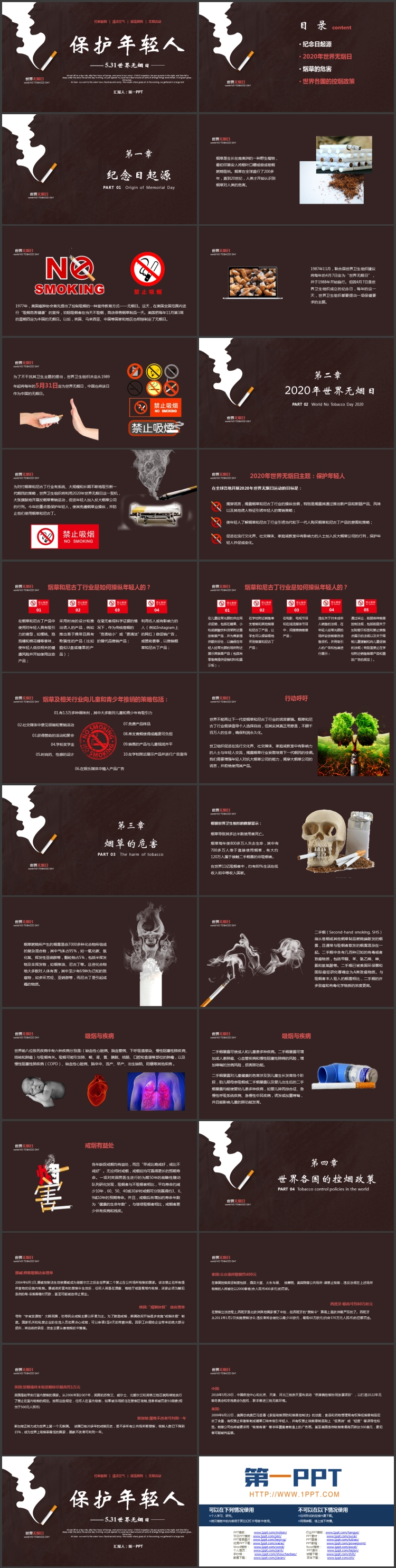 图片[2]-褐色香烟背景的“保护年轻人”世界无烟日公益宣传PPT模板下载-第一PPT