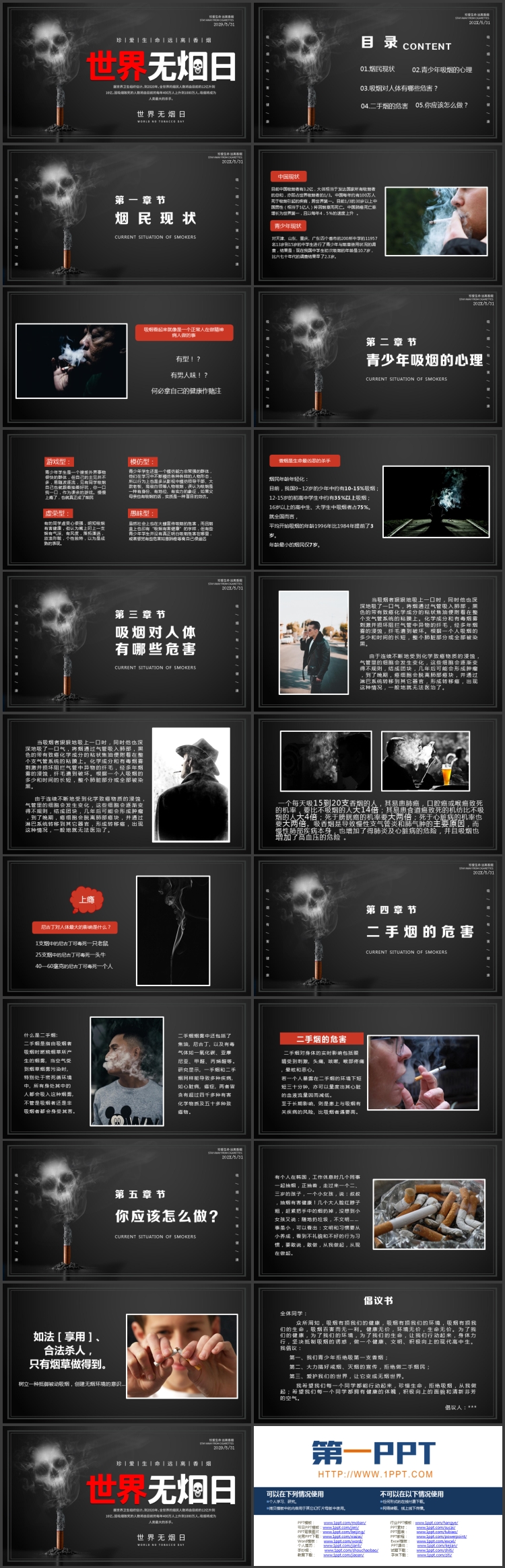 图片[2]-黑色燃烧的香烟背景的世界无烟日宣传介绍PPT模板下载-第一PPT