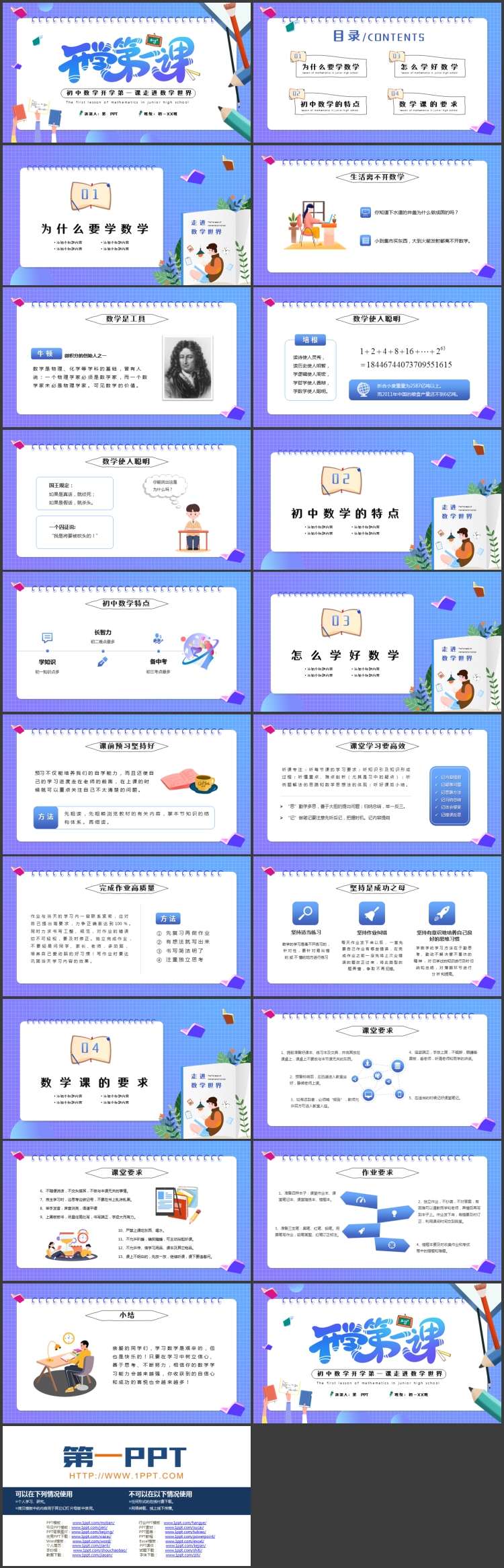 图片[2]-蓝色精美卡通风格的初中数学开学第一课PPT模板下载-第一PPT