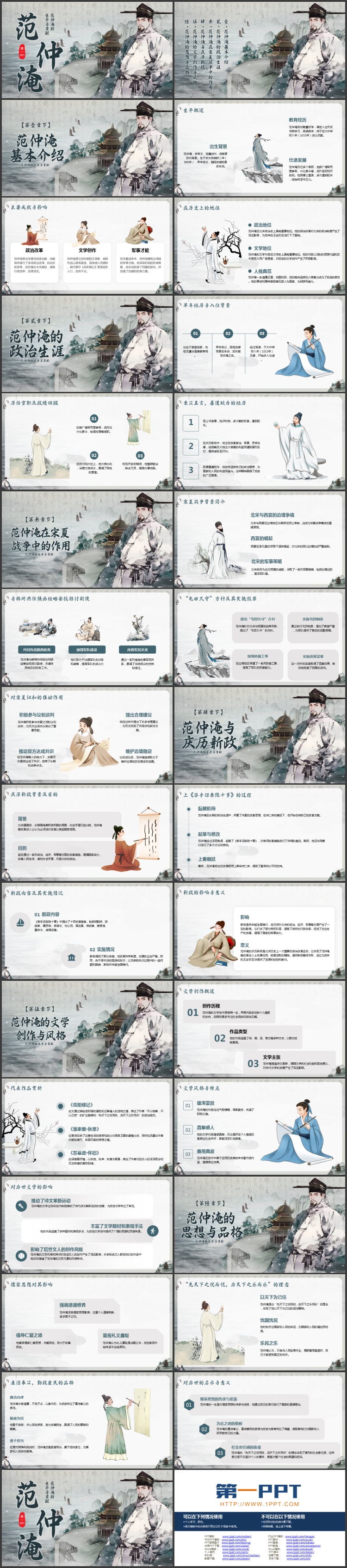 图片[2]-水墨中国风背景的范仲淹的生平与贡献PPT下载-第一PPT