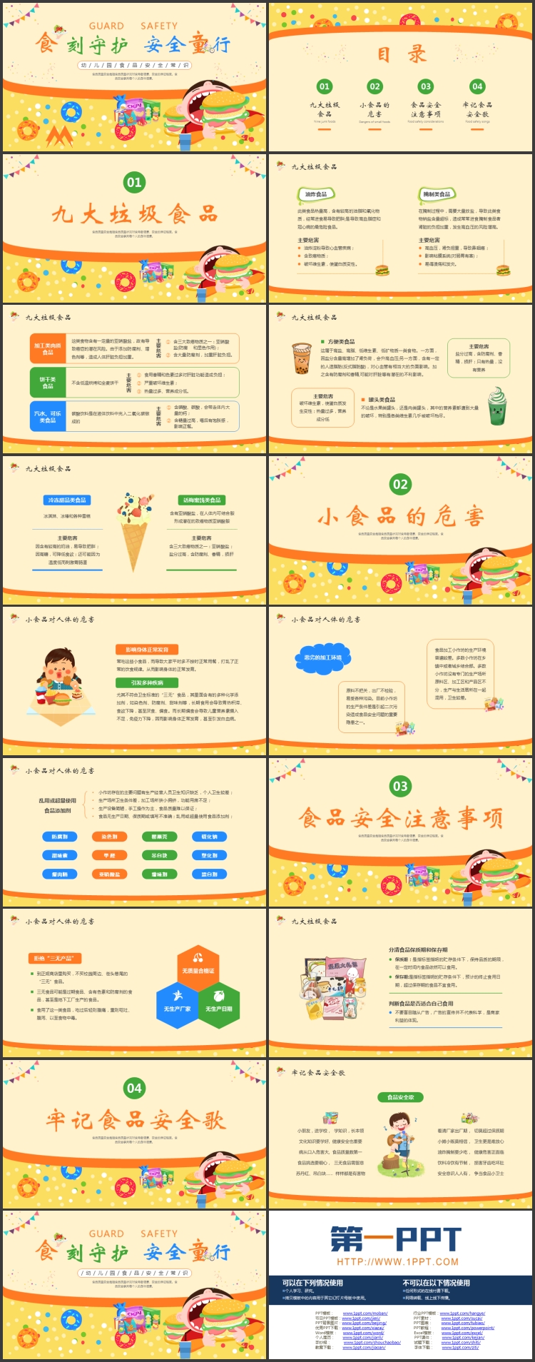 图片[2]-黄色卡通零食小朋友背景的“食刻守护安全童行”幼儿园食品安全常识PPT模板下载-第一PPT