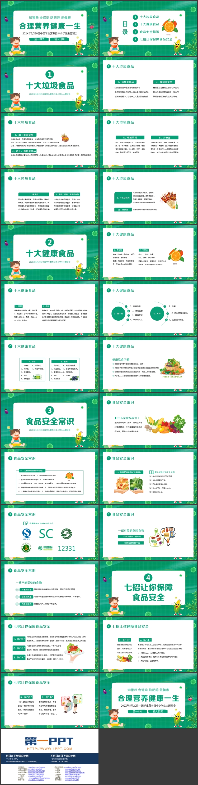 图片[2]-绿色卡通风格的“合理营养健康一生”中国学生营养日中小学生主题班会PPT模板下载-第一PPT