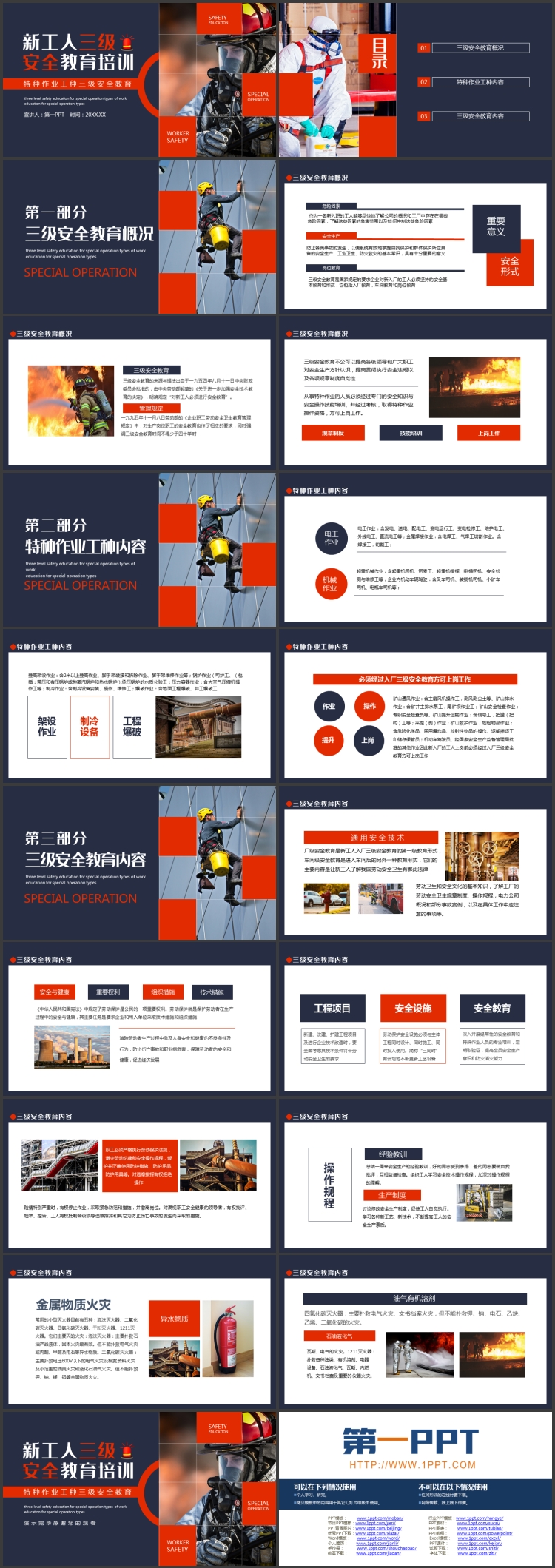 图片[2]-蓝红配色消防员背景的新工人三级安全教育培训PPT模板下载-第一PPT