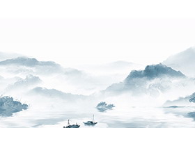 三张蓝色水墨群山泛舟古典中国风PPT背景图片-第一PPT
