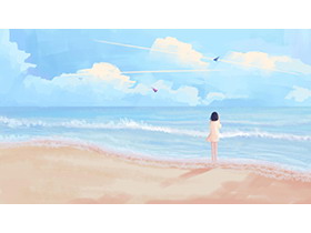 五张水彩海边沙滩女孩PPT背景图片-第一PPT